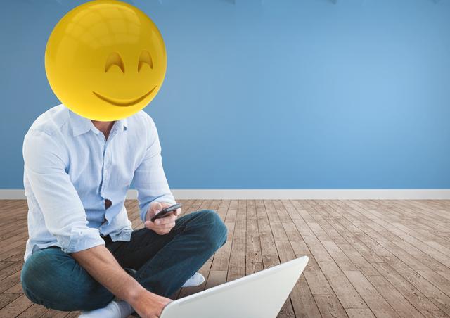 Digital composite of Happy emoji doing works