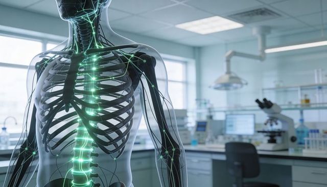 Displaying translucent torso with glowing neural network along spine in modern lab