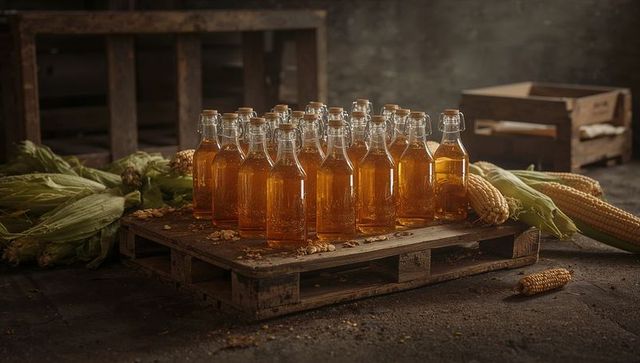Glass Bottles of Amber Liquid in Rustic Barn Cellar with Corn