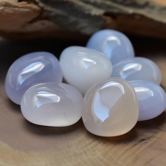 This stock photo showcases polished white and blue chalcedony gemstones resting on a wooden surface. The smooth and glossy texture of the stones is emphasized by natural lighting, making them ideal for use in content related to crystal healing, mineral collections, and geological studies. This image can be used for promoting gemstones and jewelry, illustrating articles on the properties and beauty of certain minerals, and decorating websites or printed material in the wellness sector.