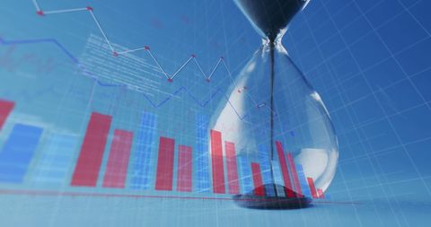 Financial graphs and hourglass symbolizing time management
