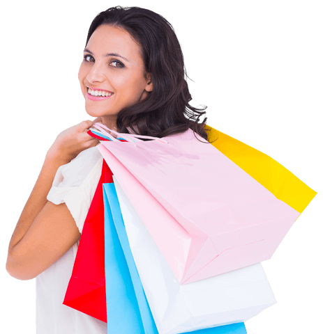 Cheerful woman holding colorful shopping bags on transparent background