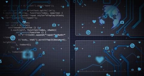 Pulsing Digital Healthcare Network Dashboard with Globe, Code and Circuit Traces