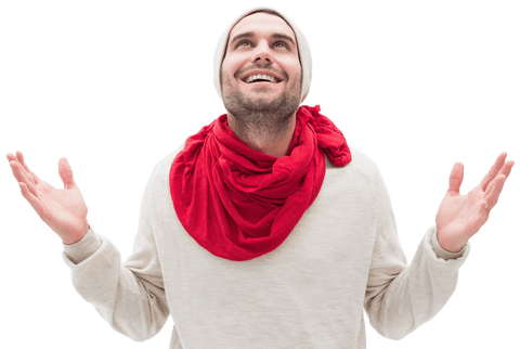 Joyful Caucasian Man in Red Scarf Smiling on Transparent Background