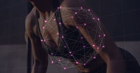Mid-adult woman flexing in gym with neon network hologram overlay, fitness technology