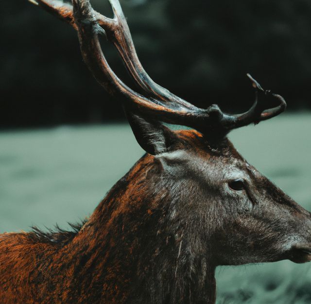 Image of close up of side view of stag with antlers in field background. Animals, wildlife and nature concept.