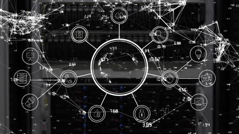 Futuristic Digital Network with Connected Icons over Servers