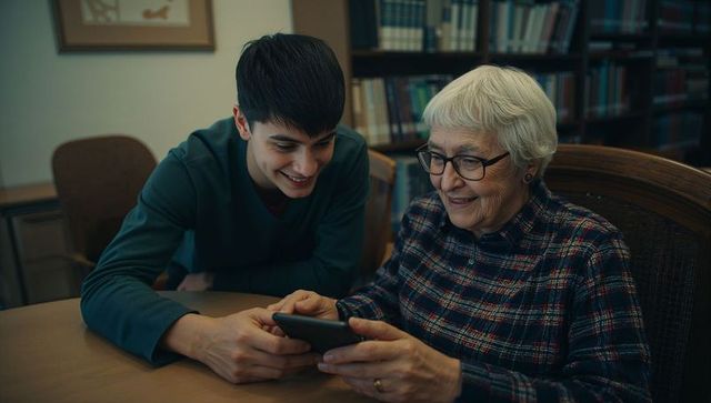 Grandmother and Grandson Bonding Over Smartphone in Library