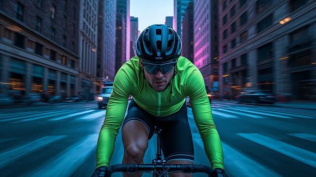 Riding Urban Road Bike at Dusk Wearing Neon Green Jersey and Aero Helmet