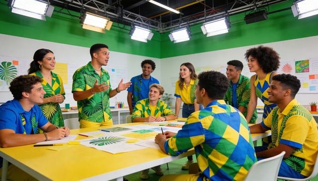 Design team collaborating and sketching tropical leaf patterns on yellow table in studio