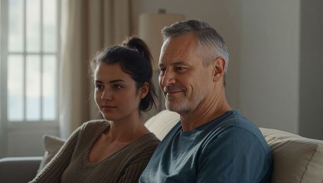 Mixed-age couple relaxing on sofa in cozy minimalist living room
