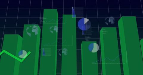 Green 3d bar chart rising on digital dashboard showing global analytics and growth trends