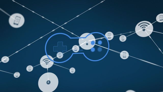 Visual representation of global network connections linking people icons with a blue game controller icon on dark background. Great for illustrating concepts of digital communication, interactive gaming networks, wireless technology, connectivity, and the interconnected nature of modern technology.