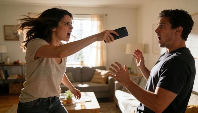 Angry woman pointing smartphone and confronting recoiling partner in sunlit living room