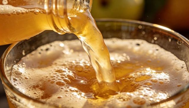 Vertical pouring sparkling apple cider into glass with golden foam and bokeh