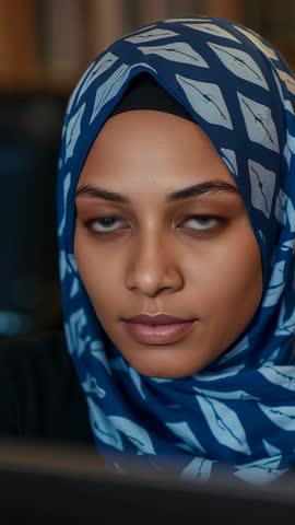 Vertical closeup video of student studying on laptop wearing blue patterned hijab