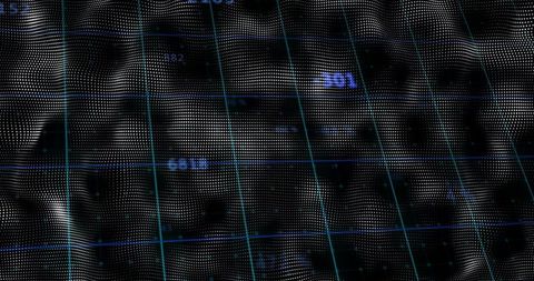 Neon dot-matrix topography grid visualizing dynamic 3d data flow and numeric coordinates