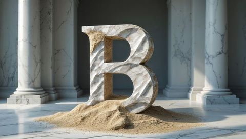 Marble letter b with sand in classical hall setting