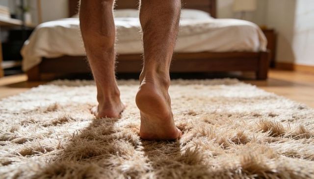 Barefoot man stepping onto shaggy beige rug in sunlit cozy bedroom