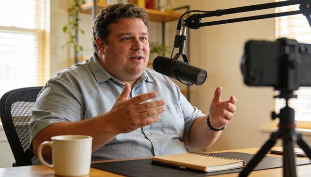 Engaging Podcast Host Recording in Home Studio Using Broadcast Microphone and Camera Setup