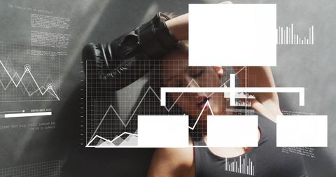 Athletic Woman Relaxing on Gym Floor with Futuristic Data Overlay