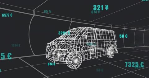 Futuristic Wireframe Cargo Van with Floating Currency Symbols