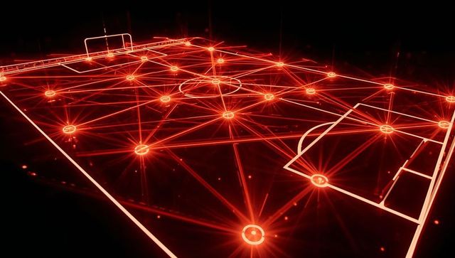 Neon wireframe football pitch with glowing nodes and futuristic holographic tactical network