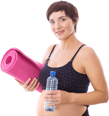 Pregnant Woman Holding Water Bottle and Mat on Transparent Background