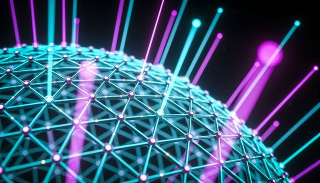 Glowing geodesic sphere emitting cyan lattice and magenta beams for futuristic neon network