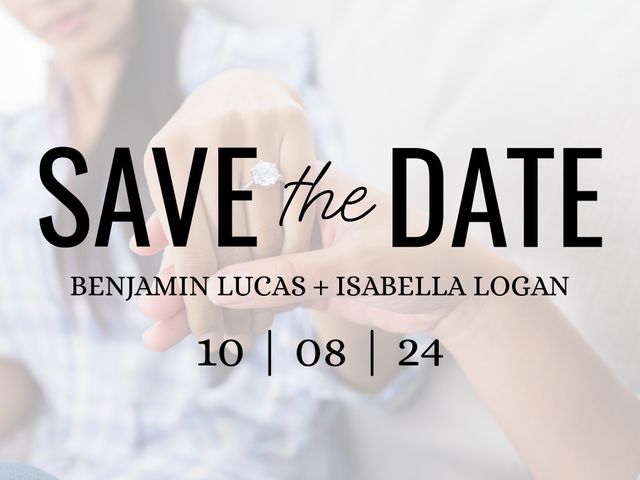 Ideal for wedding invitations, announcements, or social media posts. This design features a simple yet elegant 'Save the Date' text over a photo of a Caucasian couple holding hands, highlighting the engagement ring. Perfect for couples sharing their big news in a stylish and heartfelt way.