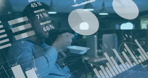 Businessman Eating Snack with Virtual Data Interface Overlays