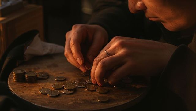 Man counting coins on wooden board closeup warm light hands sorting coin stacks for budget