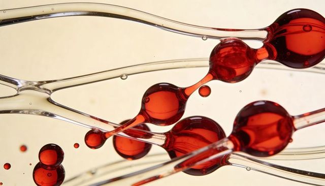 Crimson droplets stretching across clear filaments backlit macro abstract liquid sculpture