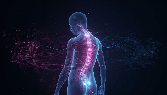 Highlighting Glowing Neural Spine Network Inside Translucent Human Torso