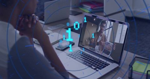 Businesswoman Watching Virtual Meeting with Digital Overlay