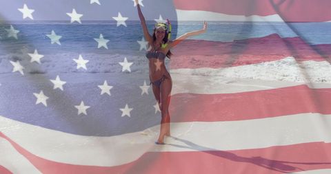 USA Flag Blending with Woman Enjoying Beach