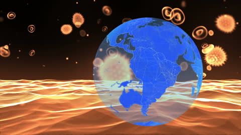 Covd-19 Cells Floating Above Globe in Digital Animation
