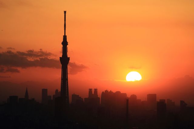 Suitable for travel blogs, tourism advertisements, cityscape backgrounds, or inspirational content. Highlights the beauty of sunset and the iconic Tokyo Skytree.