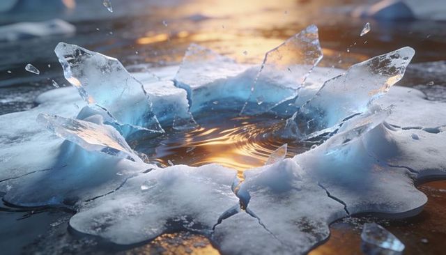 Shattering ice pond revealing golden water pool with translucent shards and radial cracks