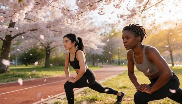 Two women stretching in lunges under cherry blossoms on sunlit park track, falling petals