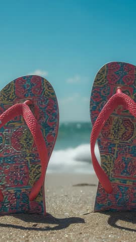 Flip-flops Resting on Sand While Wave Rolling and Lifting Straps, Vertical Summer Beach Video