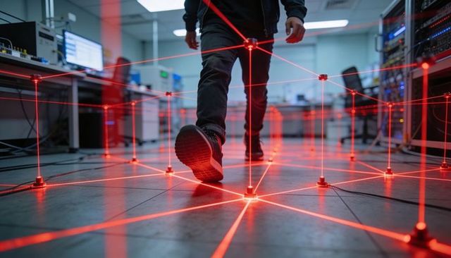 Technician navigating red laser security grid in server lab walking through laser matrix