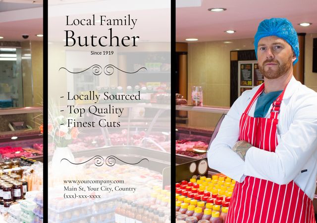 Proud Local Butcher in Traditional Shop Displaying Premium Meats - Download Free Stock Templates Pikwizard.com