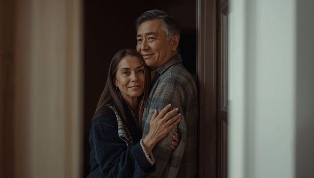 Mature couple embracing in home doorway warm intimate moment between partners warm lighting