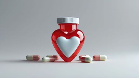 Heart-shaped pill bottle with capsules in minimalistic setting, cardiovascular diseases concept