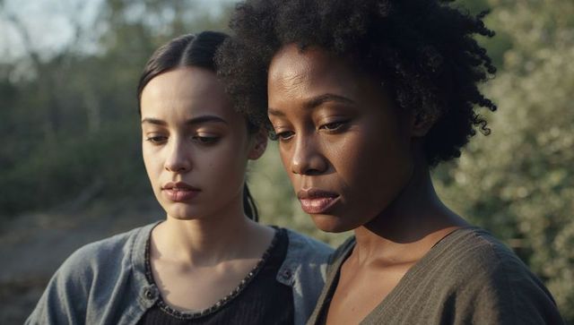 Two women standing close looking contemplative on wooded trail at golden hour light