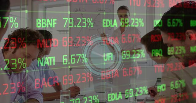 Stock market data processing against caucasian woman giving a presentation in meeting room - Download Free Stock Photos Pikwizard.com
