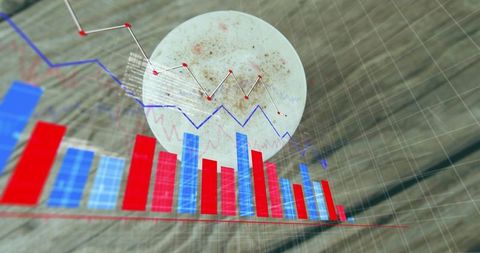 Displaying 3d financial data visualization over wood texture with red-blue bars and grid
