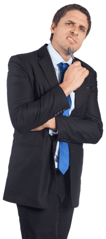 Contemplative Businessman Holding Pen on Transparent Background