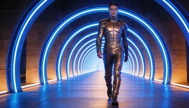 Futuristic neon tunnel armored man walking through glowing circular rings cyberpunk hero